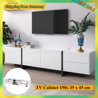 Tv-Meubel – Tv-Kast – Media-Meubel – Opbergkast – Hoogglans Wit – 190 Cm Breed – Drie Deuren & Twee Lades