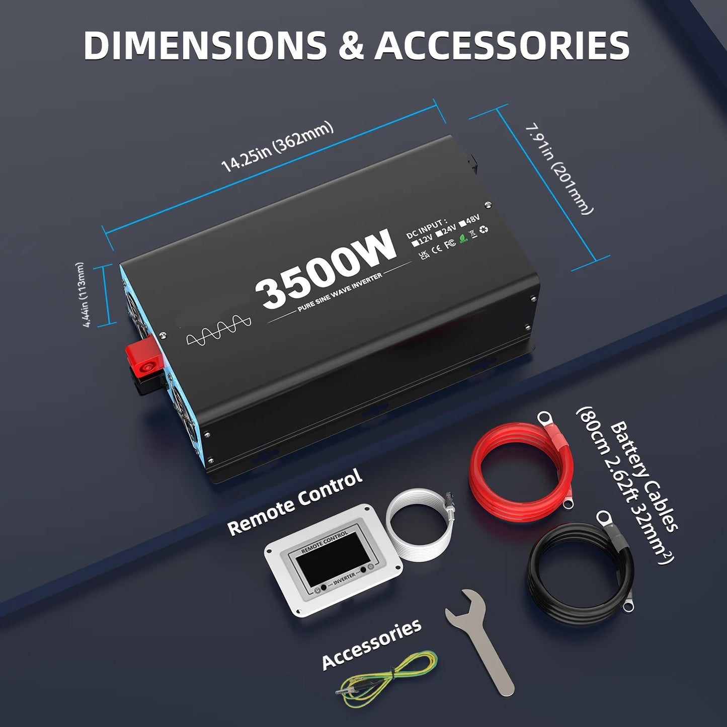Omvormer – Spanningsomzetter – Stroomomvormer – Sinusgolfomvormer – 12V - 3500W Continu Vermogen – Pure Sinusgolf Technologie - QUORE
