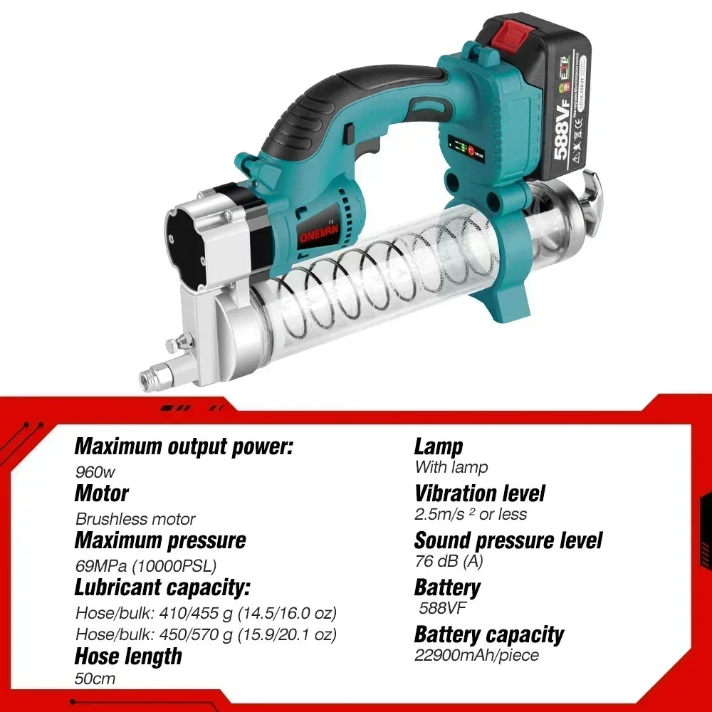 Vetspuit - met Accu - Elektrische - Draadloze - Pomp - Patroon - Oplaadbaar - 10000PSI - Hoge Druk - 960W - 18V - Brushless Motor - met Werkverlichting - Inclusief Opbergkoffer - Zonder Accu