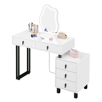 Kaptafel – Make-uptafel – Schminktisch – Dressing Table – Verlichte Kaptafel – Verstelbare LED-Spiegel – 5 Lades – Glanzend Wit MDF