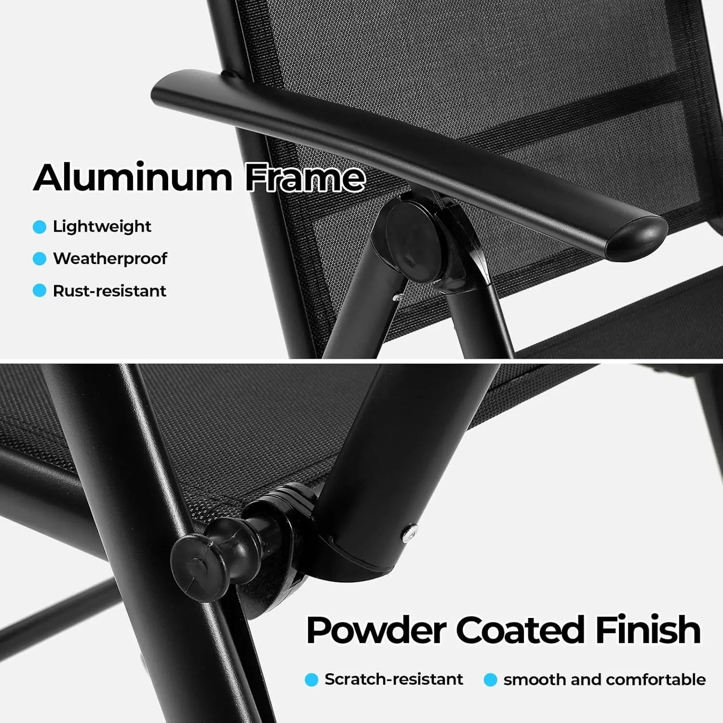 2PCS Deluxe Tuinstoelen - Aluminium Opvouwbare Stoelen met 7-Verstelbare Rugleuning en Armleuningen - Ademend Campingstoel voor Tuin - Balkon - Zwart