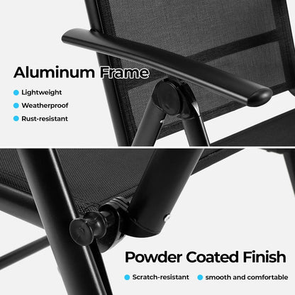 2PCS Deluxe Tuinstoelen - Aluminium Opvouwbare Stoelen met 7-Verstelbare Rugleuning en Armleuningen - Ademend Campingstoel voor Tuin - Balkon - Zwart