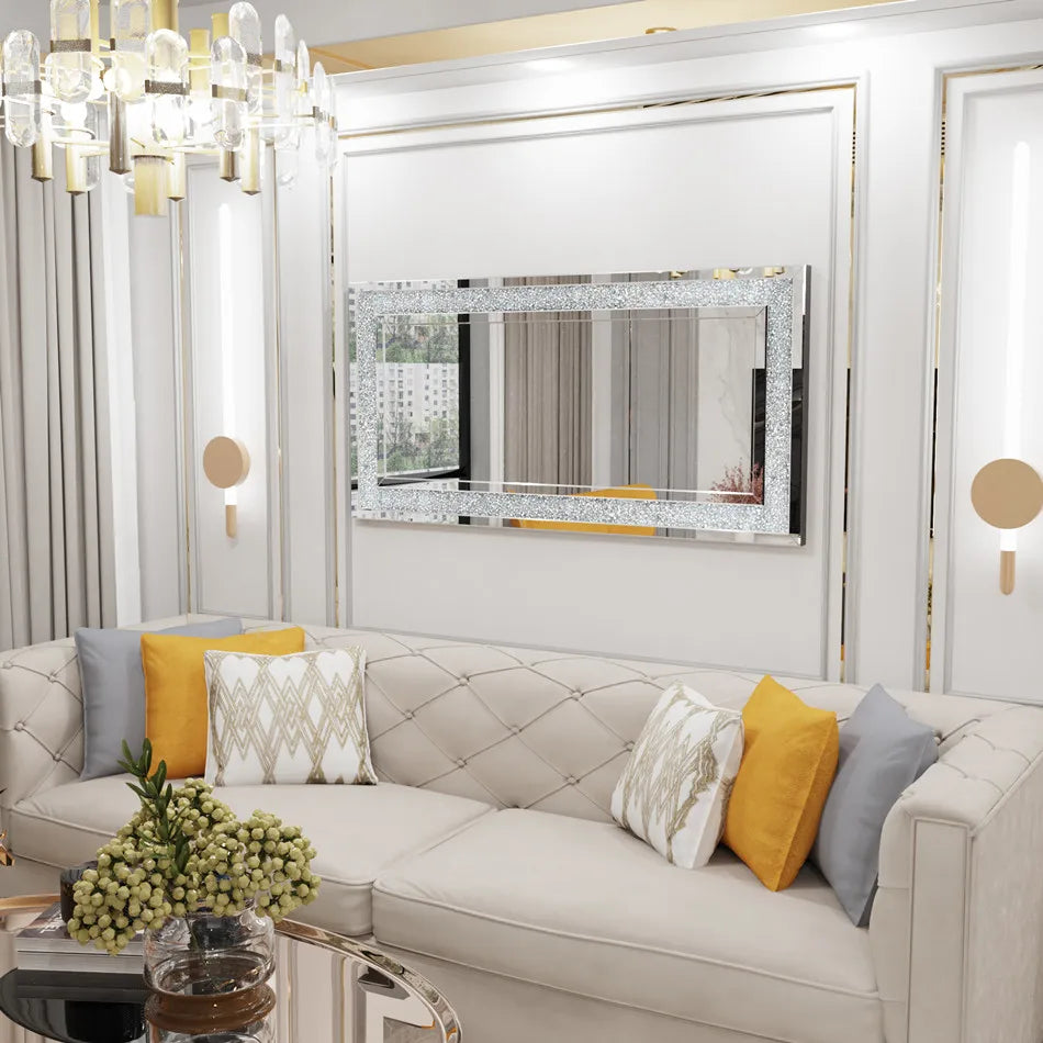 Grote Zilveren Wandspiegel – Wandspiegel – Muurspiegel – Decoratieve Spiegel – Glamoureuze Spiegel – 120x60 cm – Kristalachtige Accent Steentjes – Hoogwaardig Glas & MDF