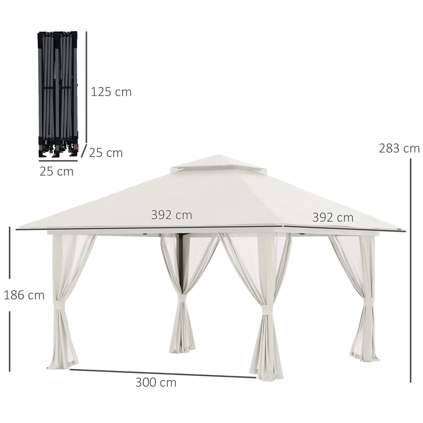 Tuinpaviljoen - Vouwtent – Pop-Up Tent – Opvouwbare Tent – Beschutting Tent – Verstelbare Hoogte – Waterafstotend Oxford Polyester – Metalen Frame - 4 x 4 m - Crème - QUORE