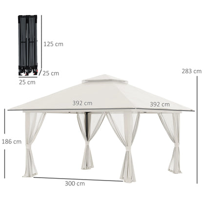 Tuinpaviljoen - Vouwtent – Pop-Up Tent – Opvouwbare Tent – Beschutting Tent – Verstelbare Hoogte – Waterafstotend Oxford Polyester – Metalen Frame - 4 x 4 m - Crème - QUORE