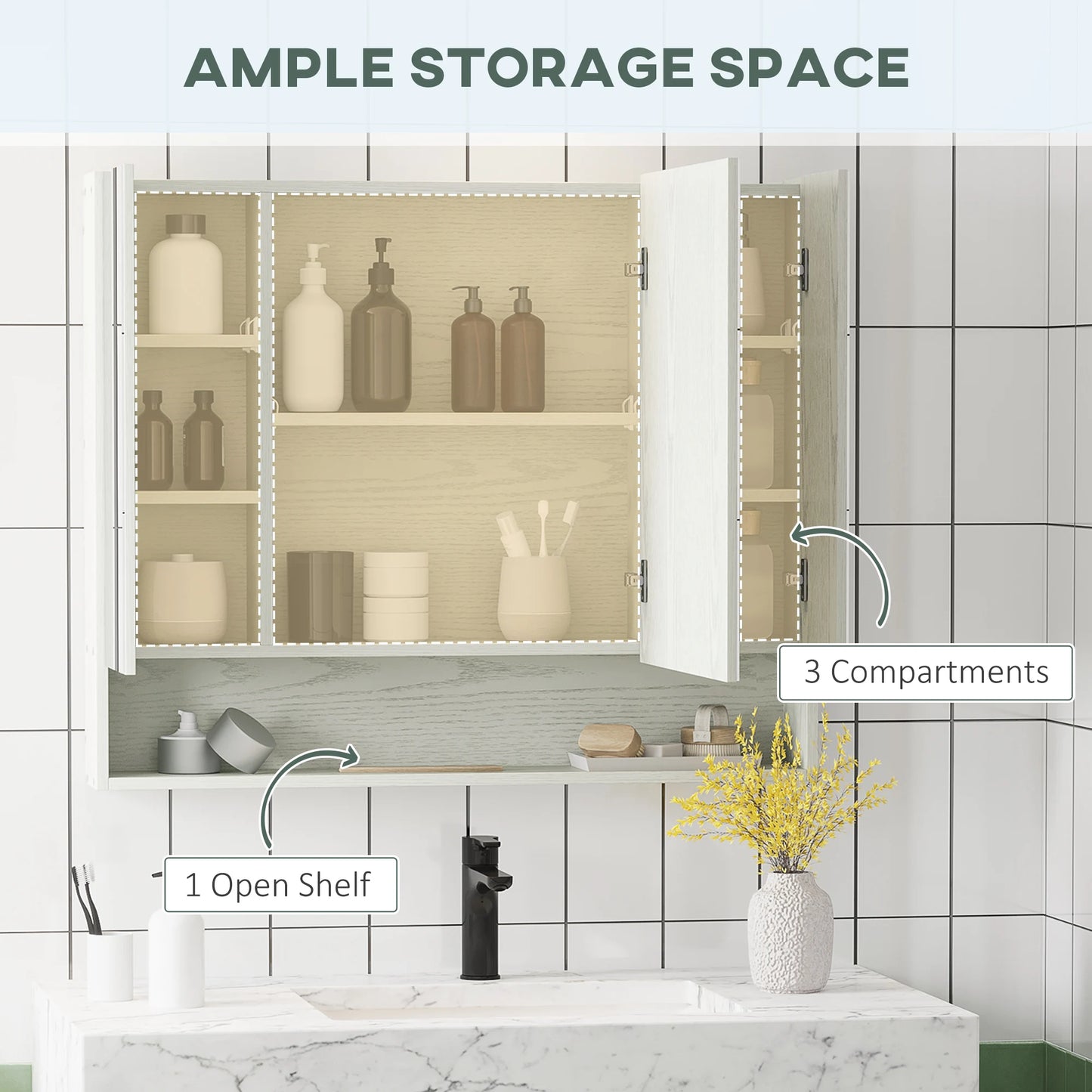 Badkamerkast – Spiegelkast – Wandkast – Opberger – Opbergrek – 3 Verstelbare Planken – MDF Melamine – Compact 90x15x75 cm
