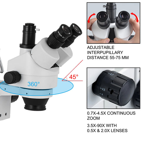 Vevor - Digital microscope - Stereo digital microscope - Trinocular - 360° rotatable - Lab optical instrument - 3.5X-90X - Adjustable double arm - White 