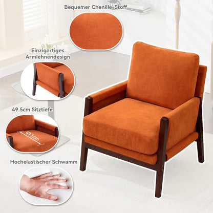 Relaxstoel – Loungestoel – Fauteuil – Leesstoel – Relaxfauteuil – Zitstoel – Chenillestof Bekleding – Massief Houten Frame - 76.5 x 83 x 95.5 cm - Oranje
