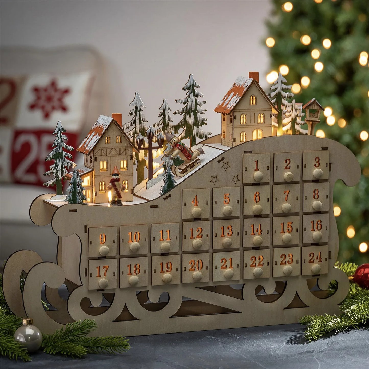 Advent Calendar - Christmas Advent Calendar - Wooden Sleigh Calendar - LED Creative Christmas Decoration - Accessories Practical Household - Interior Ornaments - Toys - Playset