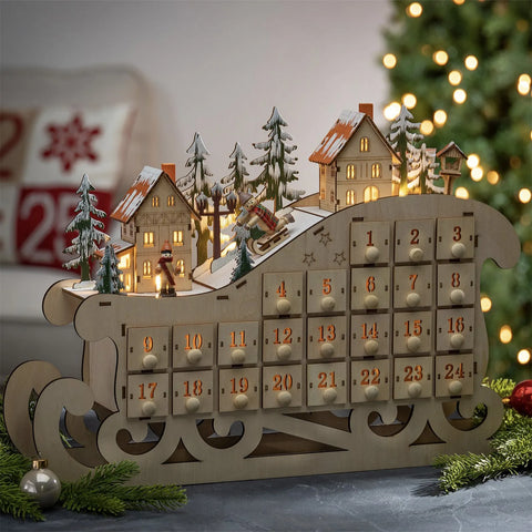 Adventskalender - Kerst adventskalender - Houten Slede Kalender - LED Creatieve Kerstversiering - Accessoires Praktisch Huishouden - Interieur Ornamenten - Speelgoed - Speelset