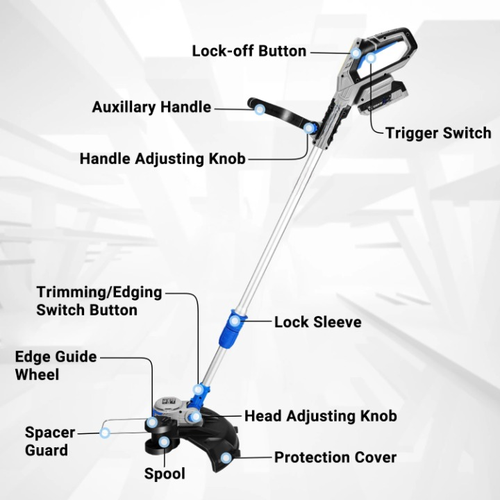 Accu Grastrimmer - Grasmaaier - Bosmaaier - Hoogte Verstelbaar - met Maaiaccessoires - Lange Levensduur - Voor Gazons - Tuinen - Weiden - 20V - 30cm Snijbreedte - Blauw