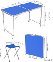 Klaptafel - Campingtafel - Kampeertafel - Picknicktafel - Blauw - 120cm Opvouwbaar - 4 Kruk - Buitenmeubilair - Metaal.
