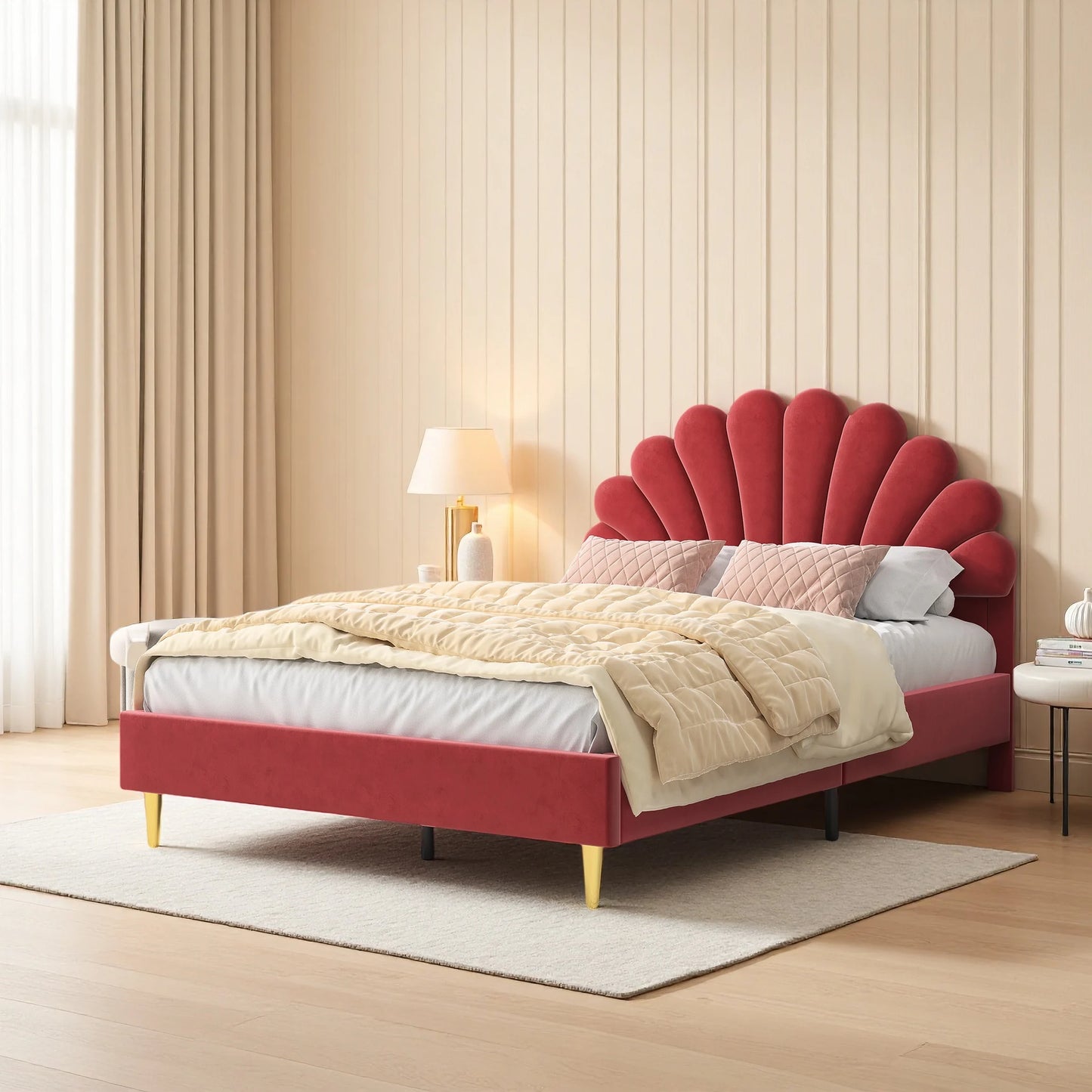 Bedframe – Fluwelen Bed – Gestoffeerd Bed – Tweepersoonsbed – Beige – MDF Frame – 12 Verstevigde Latten