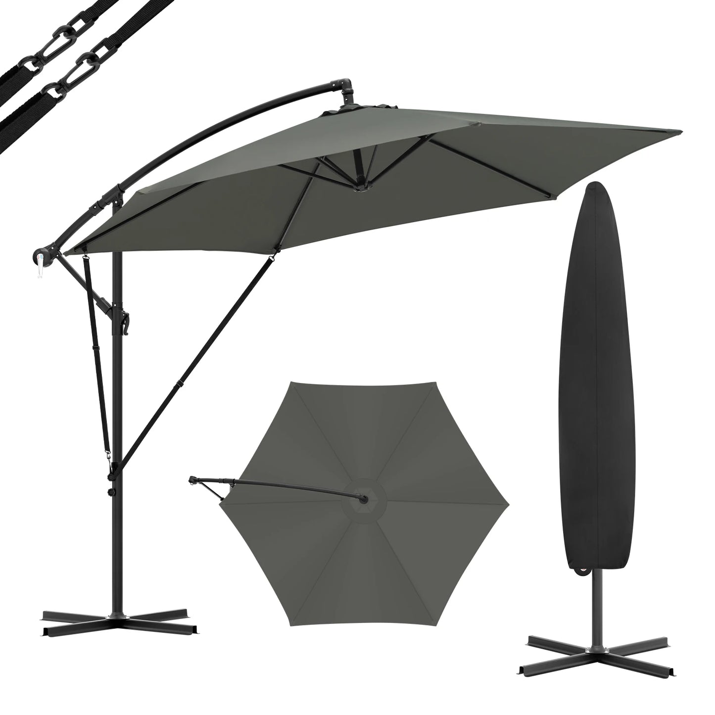 Parasol - Zweefparasols - Tuinparasol - Balkonparasol - Recht Kantelbaar - UV-bestendig - Duurzaam - Waterdicht - voor  Buiten - Tuin - Terrastafel - Rond - Polyester -310 x 310 cm - Donkergrijs