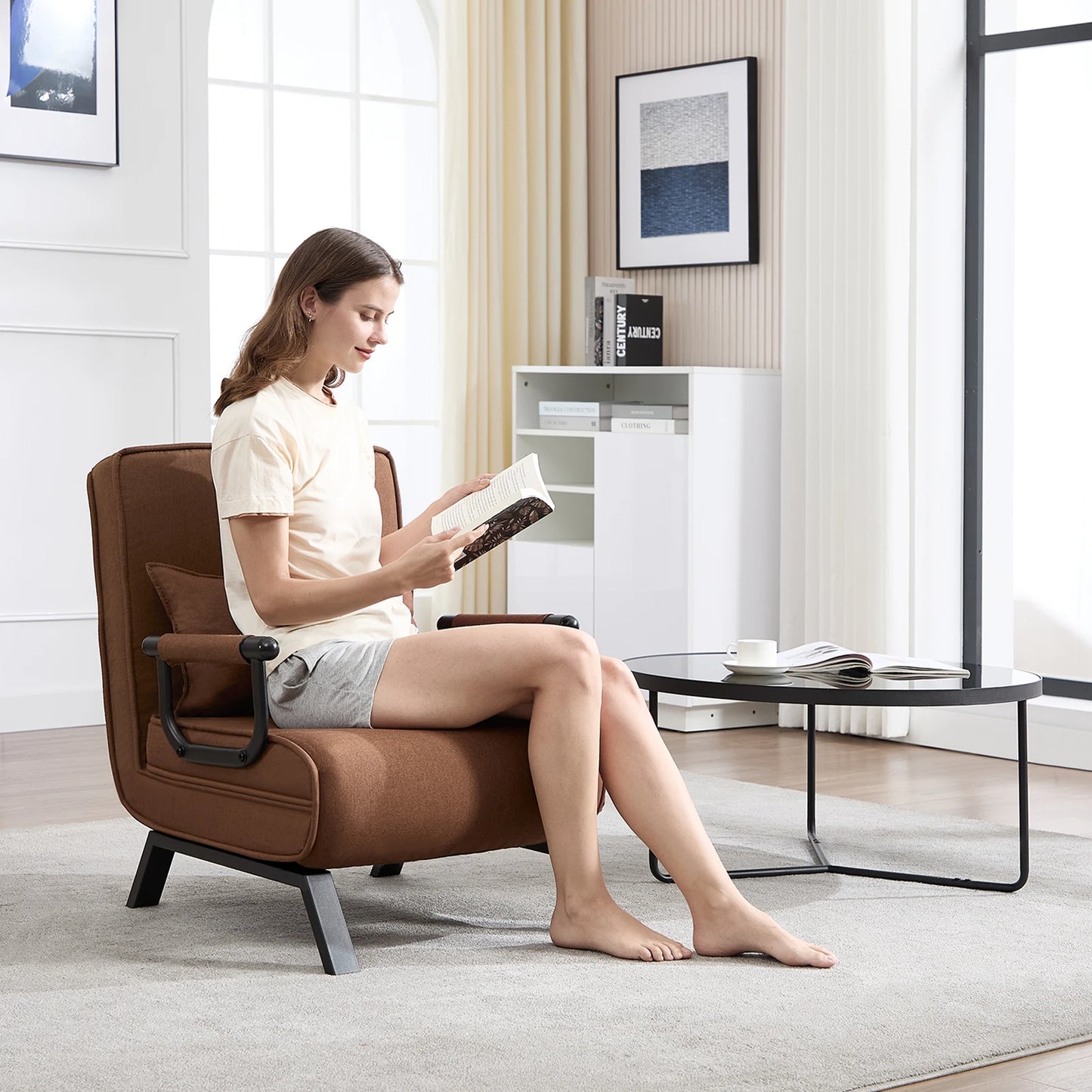 Slaapbank - Slaapfauteuil - Slaapstoel - Inklapbare Slaapbank - Opvouwbare Stoel - 3-in-1 - met Fauteuil - Linnen Bekleding - Kussen - Verstelbare Rugleuning - Lichtgrijs - QUORE