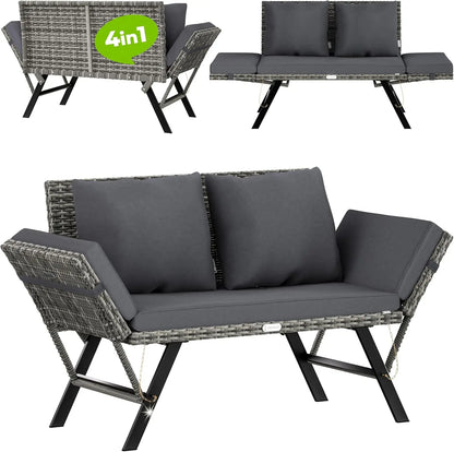 3-zits Polyrattan Tuinbank – Buitenbank – Tuinmeubel – Loungesofa – Tuinsofa – Verstelbare Armleuningen – Weerbestendig Stalen Frame - Grijs - QUORE
