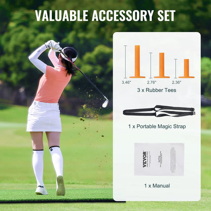 Golf oefenmat met 2 rubberen tees en 2 uitlijnstokken – Golfmat met 6 slagposities – Voor binnen- en buitengebruik – Golf trainingsset