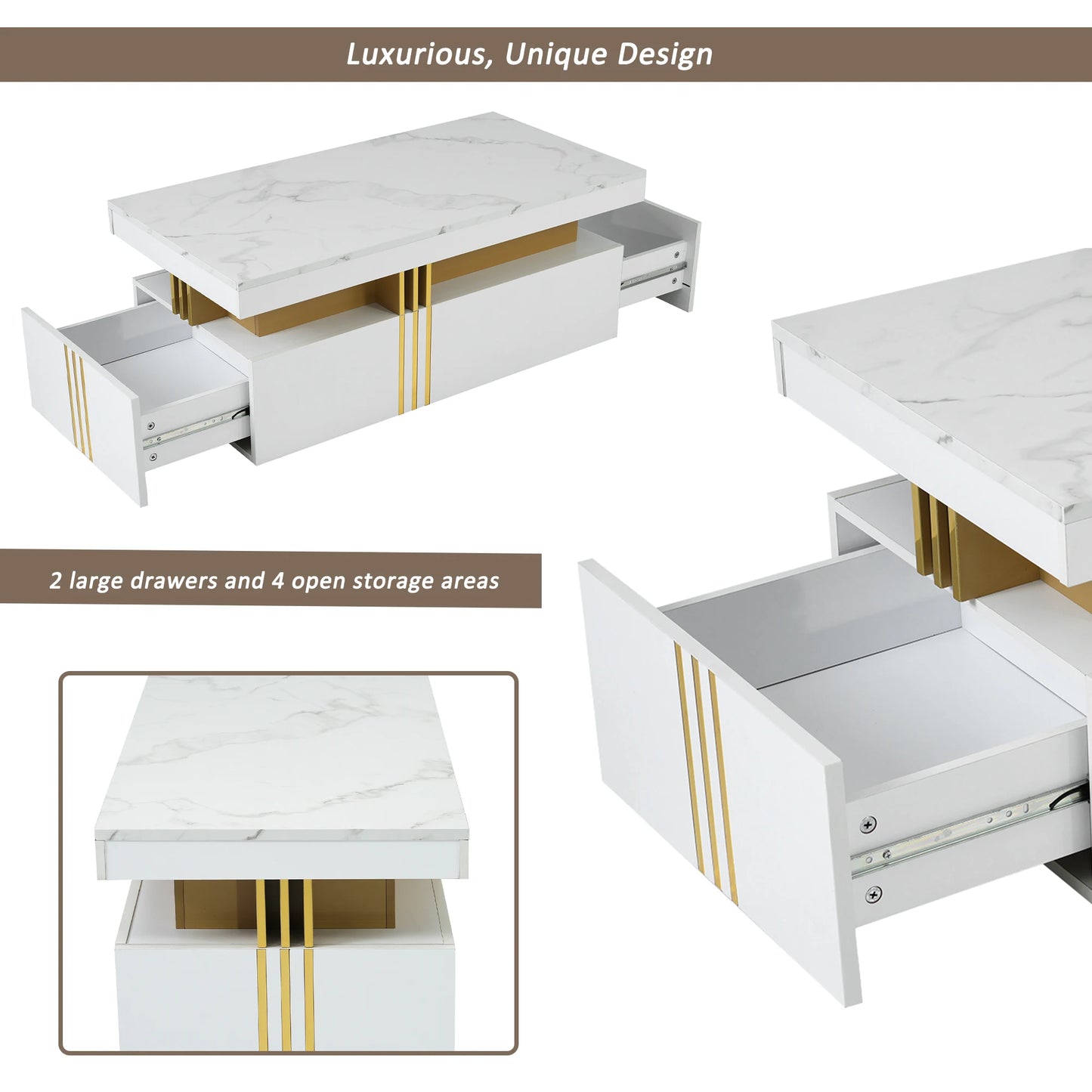 Salontafel – Sofa Tafel – Bijzettafel – Werktafel – Met 2 Ruime Lades – MDF Met Melamine Coating - 100 x 50 x 40 cm - Wit-Goud