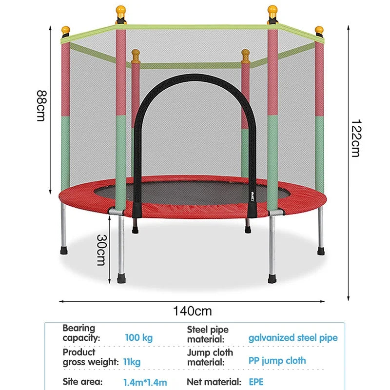 Kindertrampoline 140cm - Trampoline met Veiligheidsnet en Ritssluiting - 100kg Draagkracht - Rood Groen - Veilig en Stevig voor Kinderen - QUORE