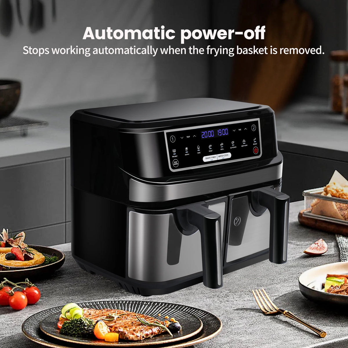 Digitale Airfryer - PFAS vrij - Groot 9 Liter - Heteluchtfriteuse - Zwart - Digital screen - 8 Voorinstellingen - Inclusief in hoogte verstelbaar Grillrack - 2 onafhankelijke 4,5L lades - met LED-touchscreen