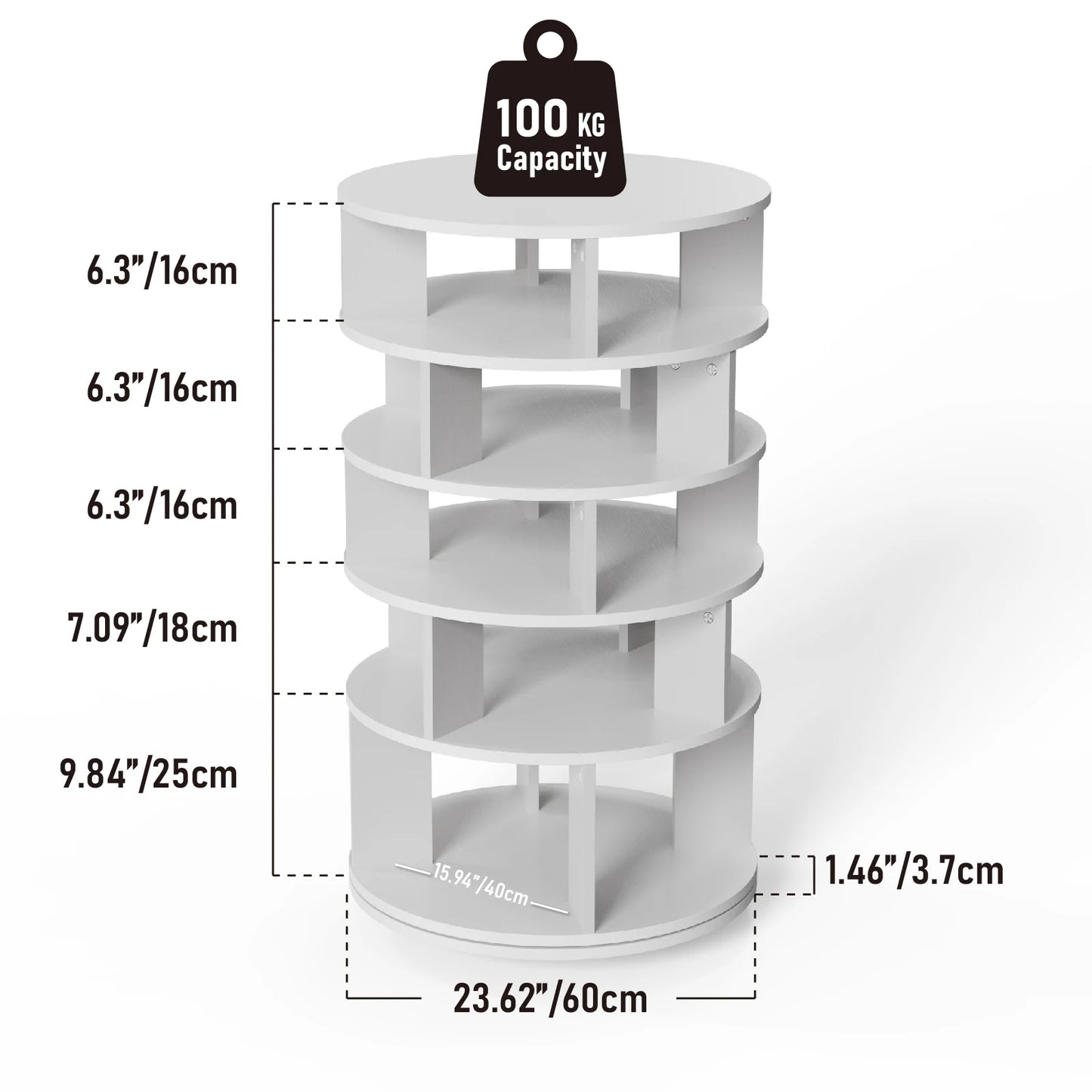 Draaibare Schoenenkast – Schoenenrek – Schoenendisplay – Schoenopberger – Organizer – 360° Draaibaar – Vijf Vakken – Stevig Hout - 60 x 60 91 cm - Wit