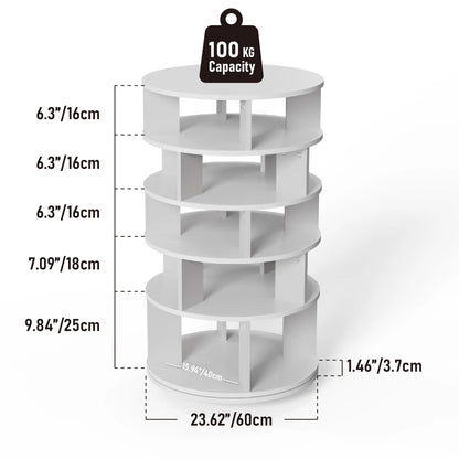 Draaibare Schoenenkast – Schoenenrek – Schoenendisplay – Schoenopberger – Organizer – 360° Draaibaar – Vijf Vakken – Stevig Hout - 60 x 60 91 cm - Wit