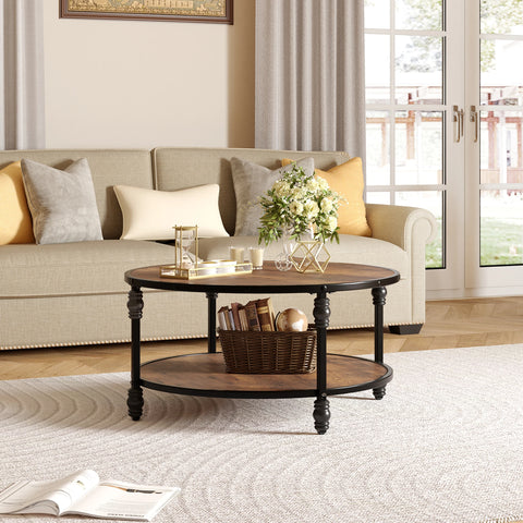 Ronde Salontafel – Houten Blad – Opbergrek – Metalen Poten – Robuust & Stijlvol – Bruin