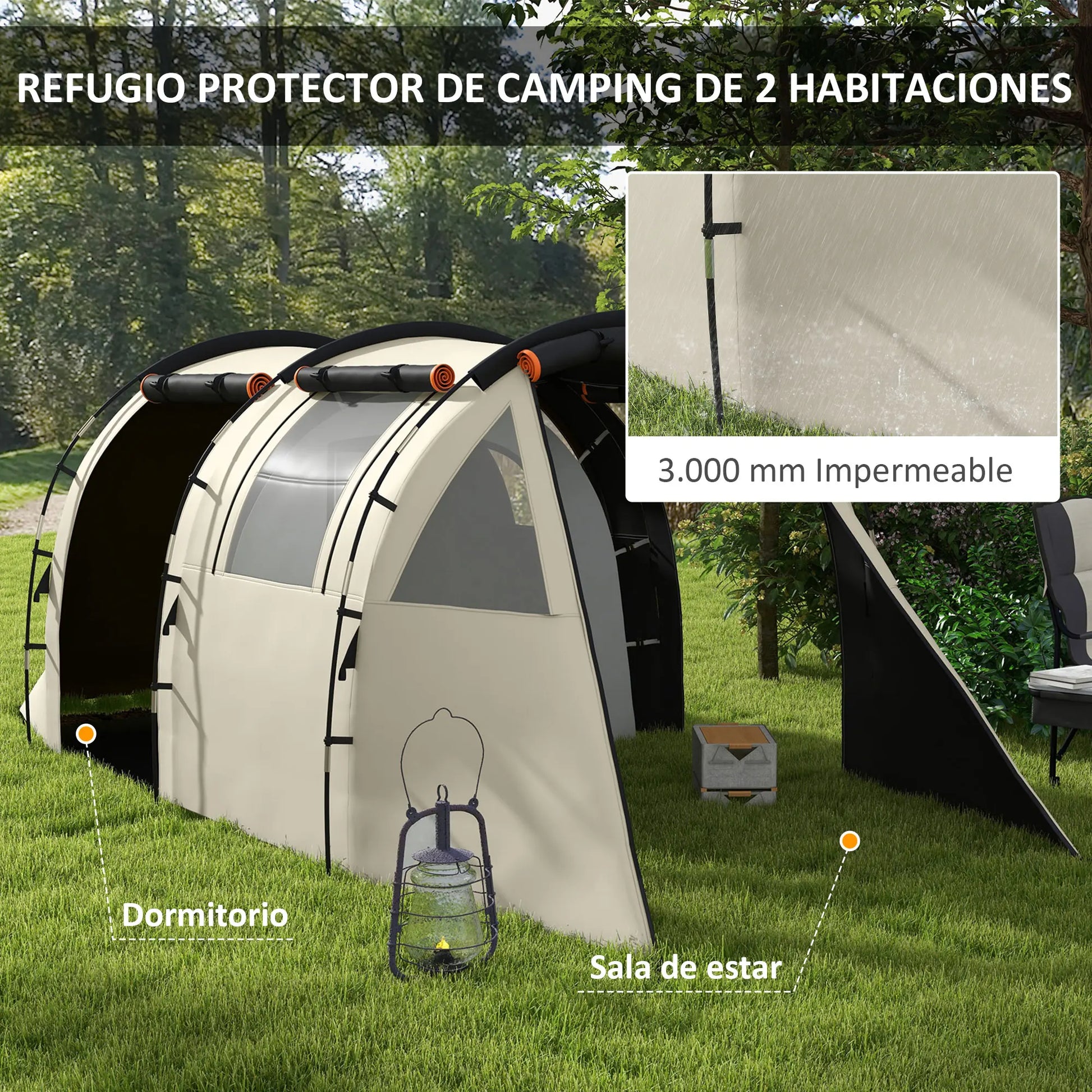 Familie Tent voor 4-5 Personen - 460x230x180 cm Donker Khaki - Waterdicht - 2 Kamers - 22 Haringen - Ideaal voor Kamperen - QUORE