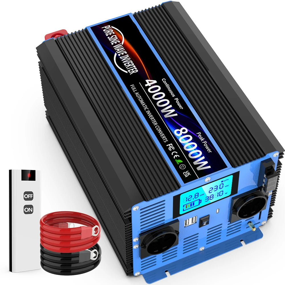 Zuivere Sinusomvormer – Stroomomvormer – DC Naar AC Omvormer – Energieomzetter – 12V - 8000W Vermogen – Aluminium Behuizing - QUORE