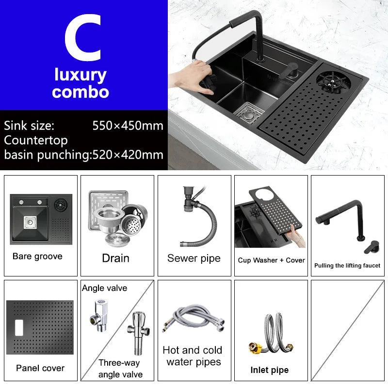 Hidden Cup Washer Stainless Steel Kitchen Sink Small Single Tank With Lid Multifunctional Bar Balcony Wash Basin