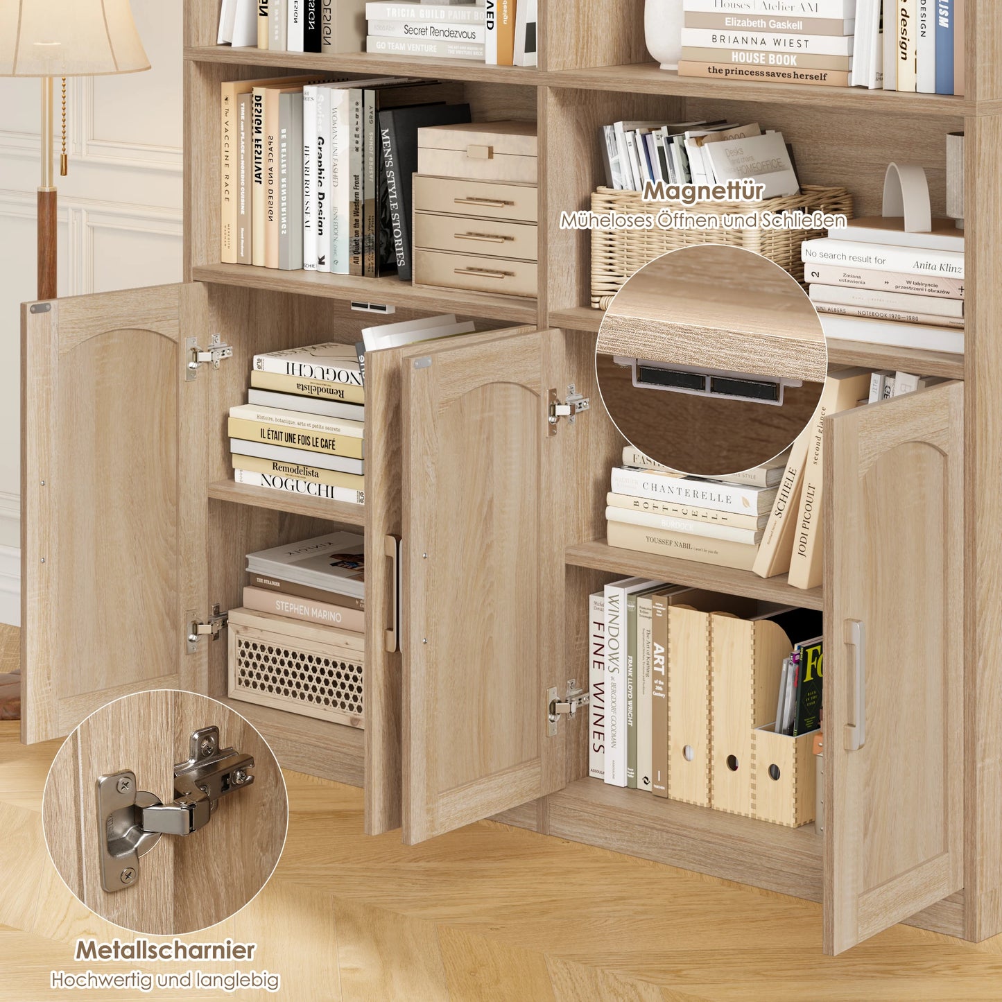 Boekenkast – Hoge Kast – Opbergkast – Staande Kast – Wandkast – 12 Vakjes & 4 Deuren – MDF Eiken Look 115x27x185,5 cm