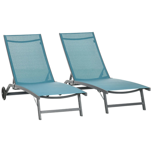 Ligbedden – Tuinligbedden – Verstelbare Ligstoelen – Buitenligbedden – Aluminium Frame – Ademend Mesh – Wieltjes - Blauw - QUORE
