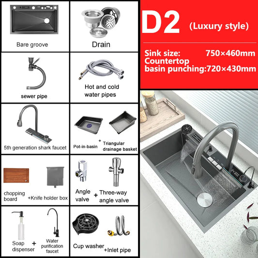 Stainless Steel Kitchen Sink WIth Waterfall Faucet Integrated Digital Display Embossed Washing Basin For Kitchen