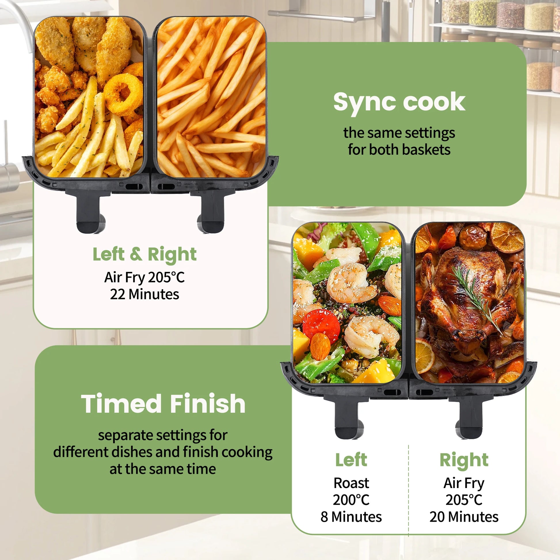 Heteluchtfriteuse 10L – Airfryer - Dubbele Lades – 2000W - 240V - Touchscreen – 8 Automatische Programma's – Kijkvenster - Zwart - QUORE