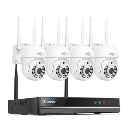 Hiseeu - WNKIT-4HB613 - Security Camera System - 8CH - 3MP - PTZ System - Outdoor - Surveillance Camera - AI Human Detection - Security Camera - Security Camera System - Alexa - NTSC,PAL - 4 Pieces - White