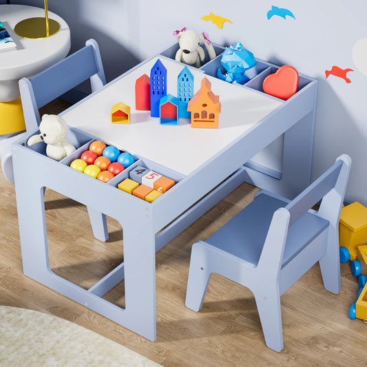 Kindertafel Met 2 Stoeltjes – Speeltafel – Tafelset – Kindertafel Hout – Krijtbord Tafel – Multifunctioneel – Met Opbergruimte - QUORE