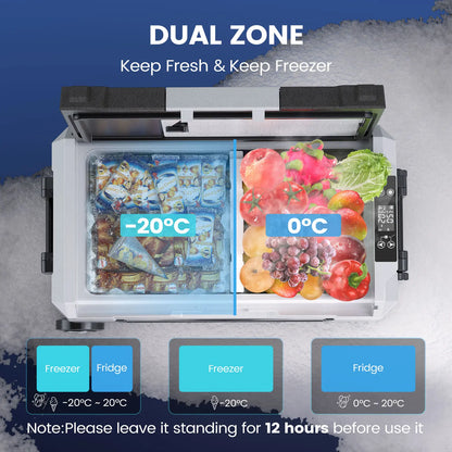 Elektrische Koelbox - Refrigerator - Frigobox - Vriezer - Auto Koelkast - Compressor Koelbox - 55L - Dual Zone Vriezer & Koeler - 12V / 24V DC, 100-240V AC - met Wielen en App-bediening - Voor Camping en Reizen