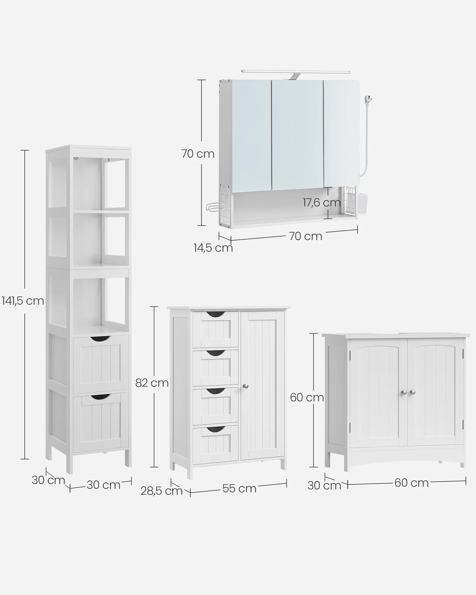 Badkamermeubelset – Badkamerkast – Opbergmeubel – Spiegelkast – Föhnhouder – Waterbestendig MDF – Kantelbeveiliging - QUORE