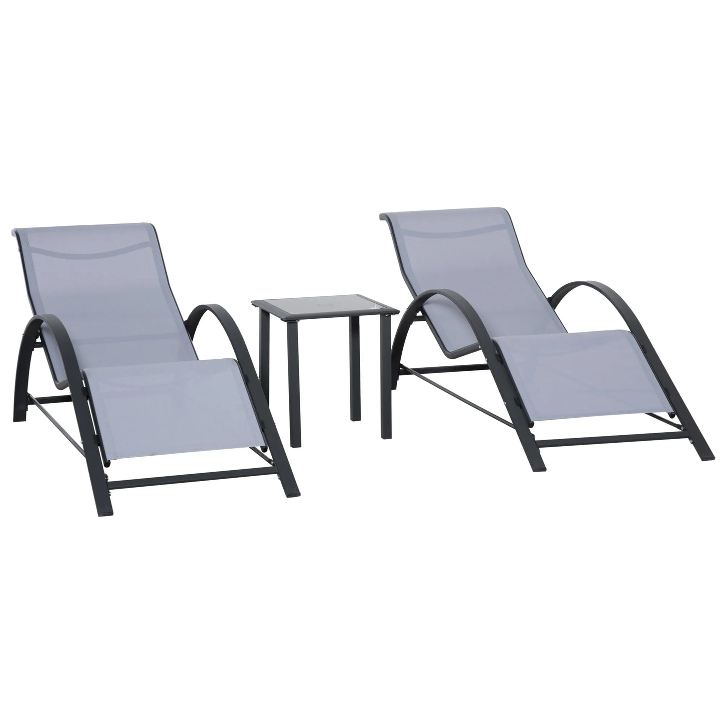 Ligstoel - Set van 2 - Ligstoel Tuin - met Bijzettafel - Weerbestendig - Ademend Textileen - Voor Tuin, Terras en Balkon - 59x169x66cm - Grijs - QUORE
