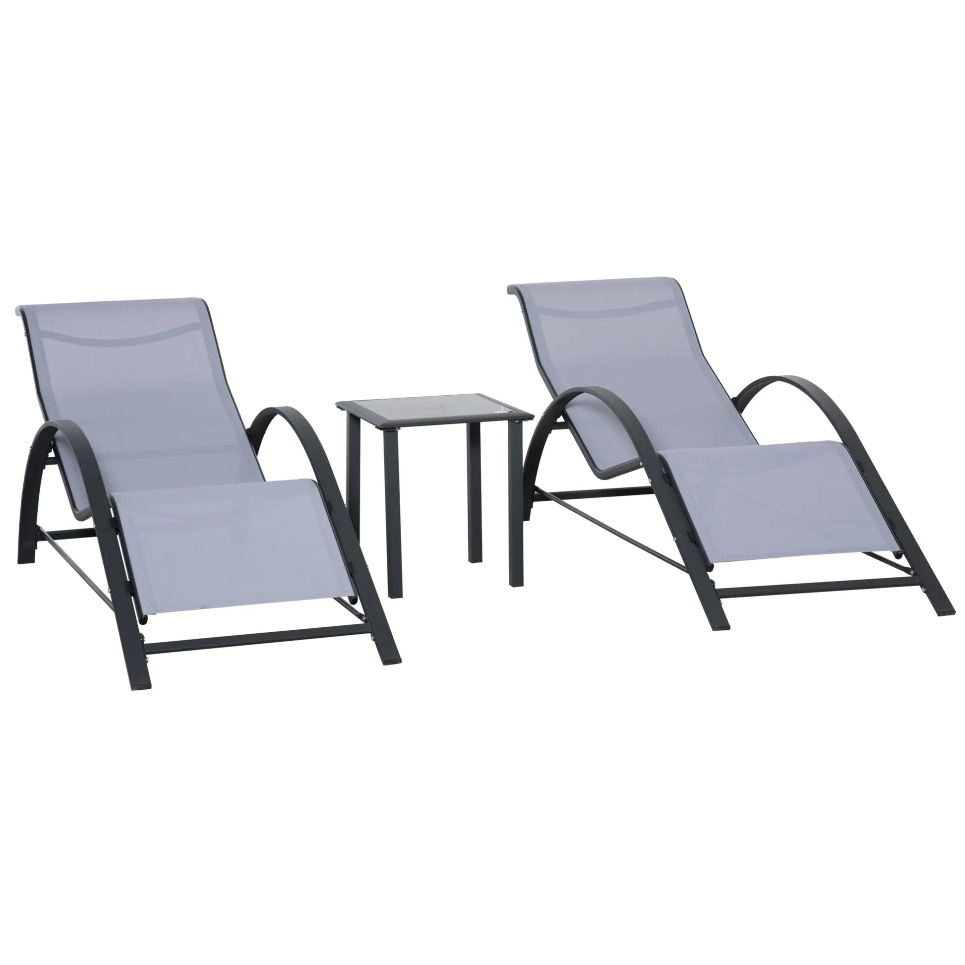 Ligstoel - Set van 2 - Ligstoel Tuin - met Bijzettafel - Weerbestendig - Ademend Textileen - Voor Tuin, Terras en Balkon - 59x169x66cm - Grijs - QUORE
