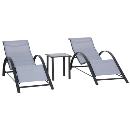 Ligstoel - Set van 2 - Ligstoel Tuin - met Bijzettafel - Weerbestendig - Ademend Textileen - Voor Tuin, Terras en Balkon - 59x169x66cm - Grijs - QUORE