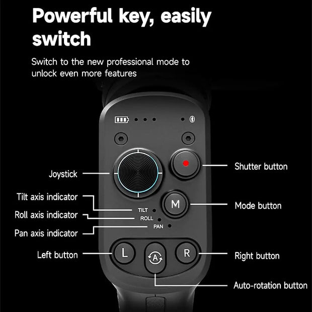 Gimbal Smartphone - Stabilisator voor Smartphone & Camera - Gimbal voor Smartphone & Camera - Rolhoek 320° - Koershoek 360° - 3-Axis - Alles-in-één - Handheld spiegelloos - Zwart