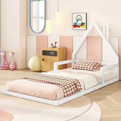Kinderbed - Plat Bed - Huisvorm - Massief Grenen - Eenvoudige Vorm - 90*200 cm - Beige