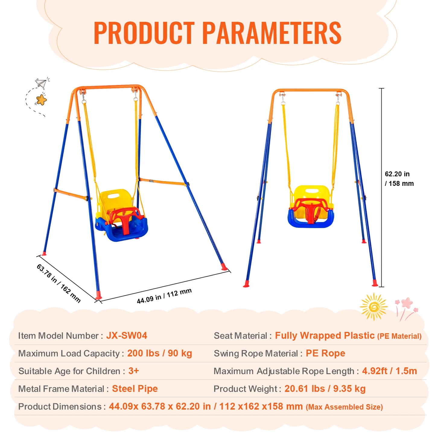 Kinderschommel - Schommel - Outdoor Schommel - 3-in-1 - Metalen A-Frame Schommel - Tuinspeelgoed - Voor 3-6 Jaar - Tot 272 kg - Plastic 1 Persoon