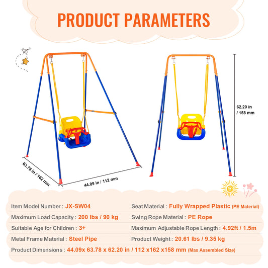 Kinderschommel - Schommel - Outdoor Schommel - 3-in-1 - Metalen A-Frame Schommel - Tuinspeelgoed - Voor 3-6 Jaar - Tot 272 kg - Plastic 1 Persoon