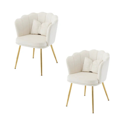 Eetkamerstoelen – Set van 2 - Velours Stoel – Lounge Stoel – Fluwelen Fauteuil – Design Fauteuil – Bloembladdesign – Ergonomisch Zitcomfort – Vergulde Metalen Poten - Wit
