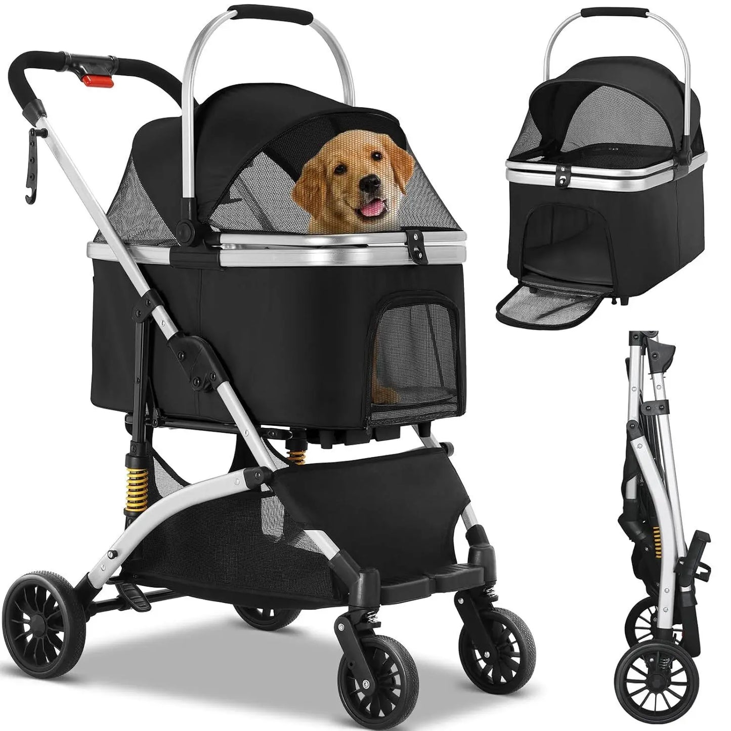 Hondenbuggy - 2-in-1 Wagen - Huisdieren - Vouwbare - Afneembare Reisdrager - en Autostoeltje - 360° Slijtvrije Rubberwielen - met Opbergmand - Gaasvensters - Drinkhouder - Voor Kleine Honden en Katten - Tot 40 kg - Zwart en Zilver