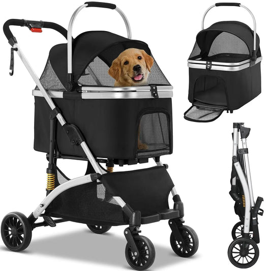 Hondenbuggy - 2-in-1 Wagen - Huisdieren - Vouwbare - Afneembare Reisdrager - en Autostoeltje - 360° Slijtvrije Rubberwielen - met Opbergmand - Gaasvensters - Drinkhouder - Voor Kleine Honden en Katten - Tot 40 kg - Zwart en Zilver