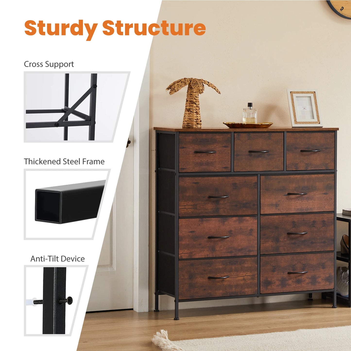 Ladekast - Ladenkastje - met 9 Stoffen Laden – Ruime Dressoir Kast - Stabiele Opbergkast - Compact en Ruimtebesparend - voor Slaapkamer en Kleding - Bruin