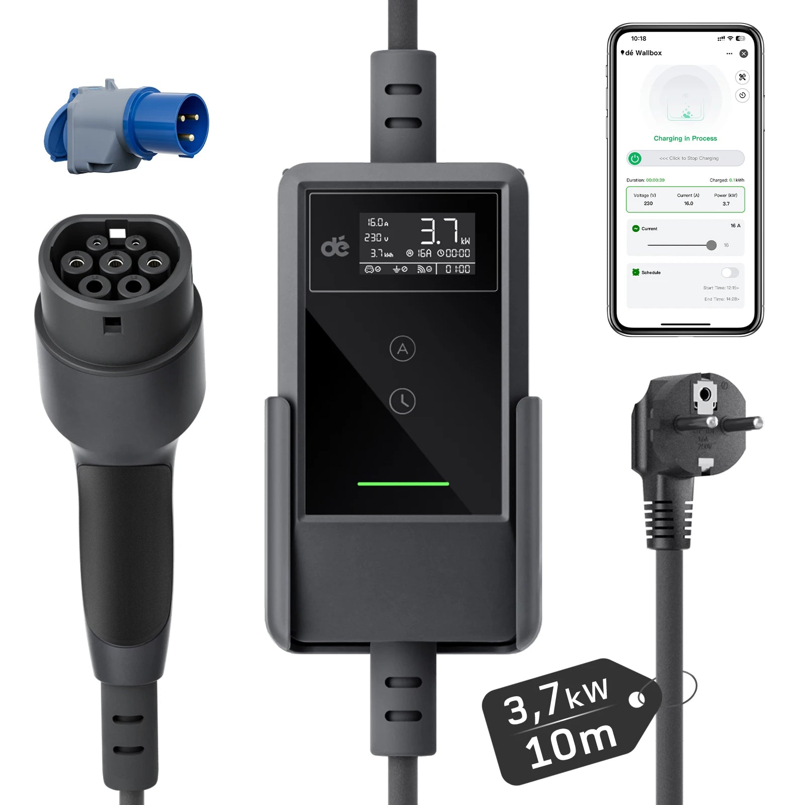 Elektrische Autolader Type 2 – EV Lader – Oplaadkabel – Elektrische Laadkabel – 10 Meter Met App – 3,7 kW 16A – Digitaal Display & Weerbestendig - QUORE